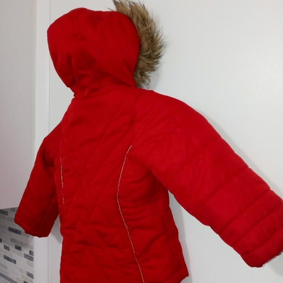 Protection system girls Red Full Zip Puffer Jacket with Faux fur hood Size 3 - Picture 8 of 10